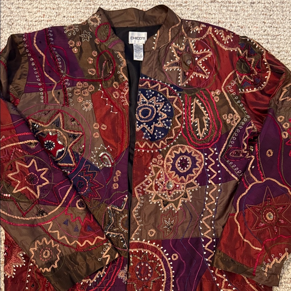 Patchwork Embroidered Jacket - Red, Purple, Brown - image 6